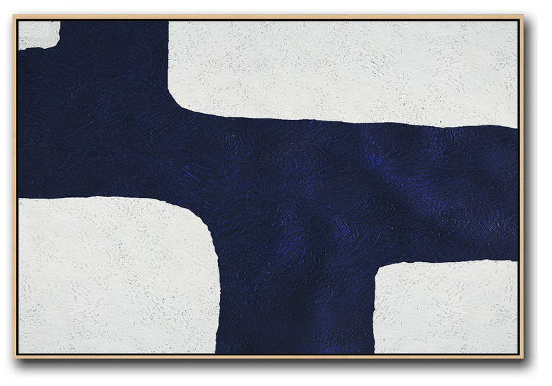 Large Abstract Art,Horizontal Navy Painting Abstract Minimalist Art On Canvas,Living Room Canvas Art